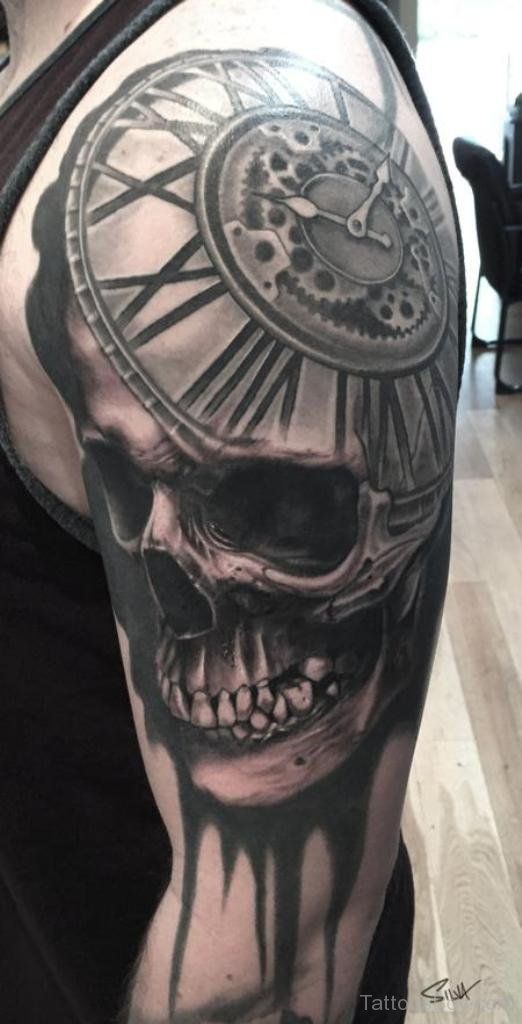 Skull And Clock Tattoo Design On Half Sleeve