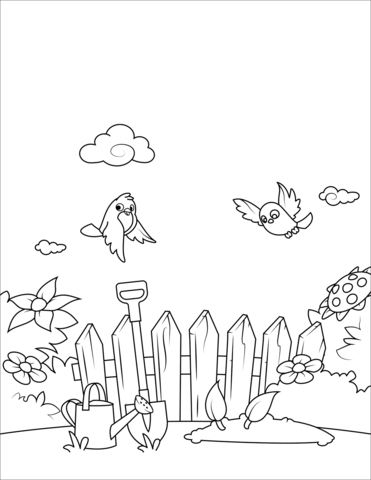 Birds Fly over the Garden coloring page