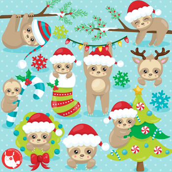 Christmas sloths clipart commercial use, graphics, digital