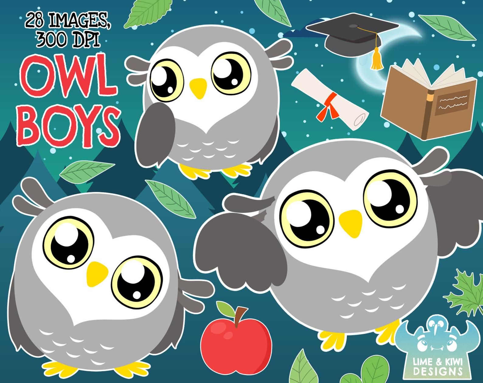 Owl Boys Clipart, Instant Download Vector Art, Commercial