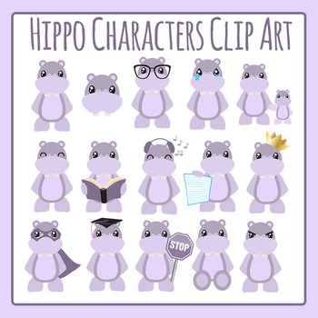 Cute Cartoon Hippo Characters Clip Art for Commercial Use