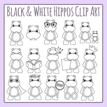 Black and White Hippo Characters Clip Art for Commercial Use