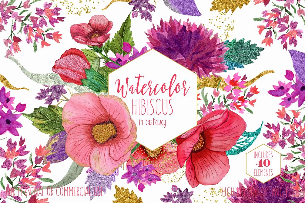 TROPICAL HIBISCUS Watercolor Floral Clipart Commercial Use Clip Art Hawaii  Beach Flowers Pink