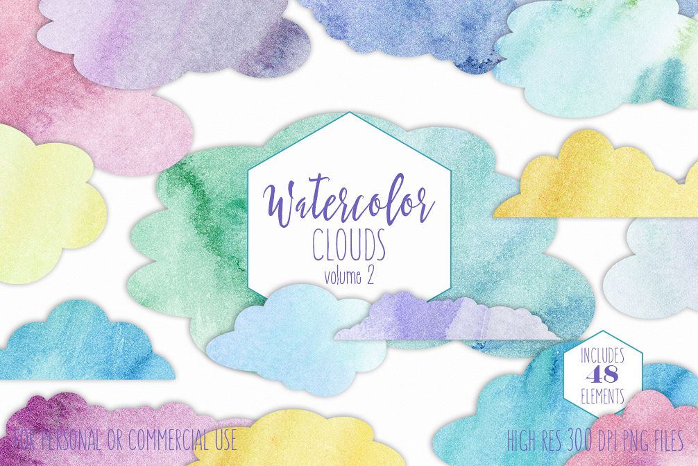 RAINBOW WATERCOLOR CLOUDS Clipart Commercial Use Watercolour Sky Clouds