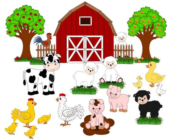 Farm animals , farm clip art, cute animals, barn,fruit trees