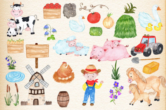 Farm Animals, watercolor Clipart