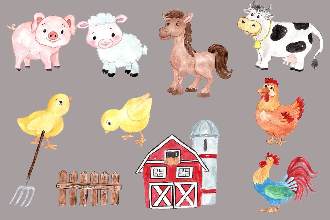 Watercolor farm animals.