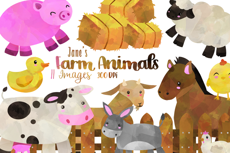 Watercolor farm animals.