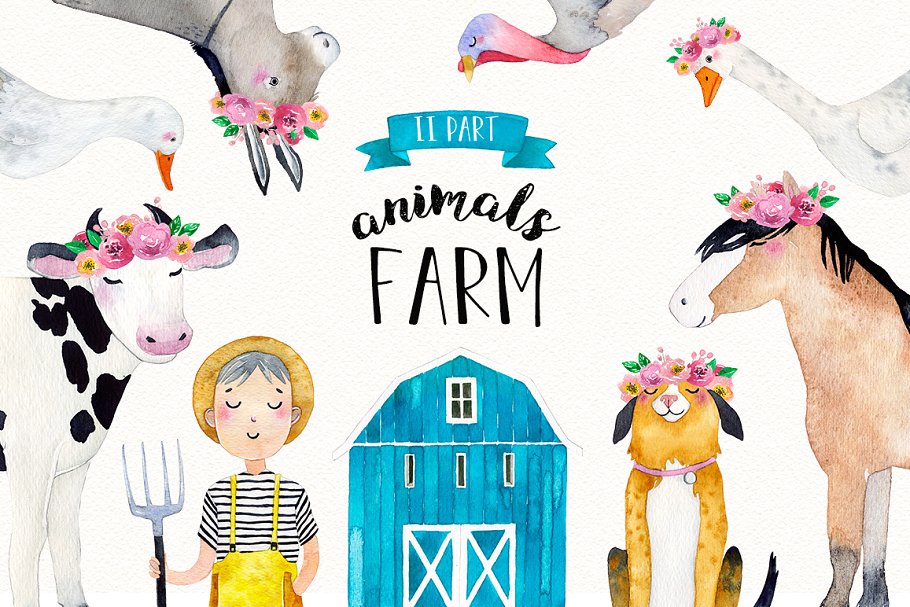 Farm animals watercolor.