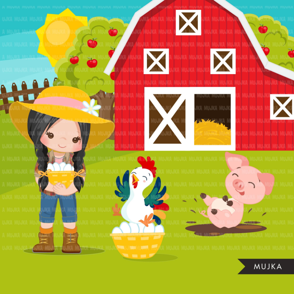 Farm clipart , farm animals, farmers, tractor, red barn, pig