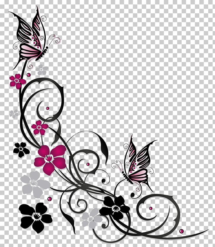 Butterfly Flower Ornament, flowers butterfly border, purple