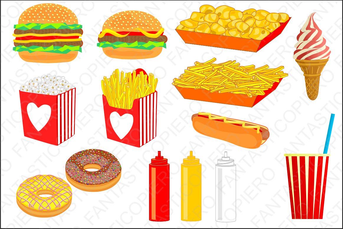 Fast food cclipart hamburger chips popcorn nuts hot dog ice cream cola  clipart JPG files and PNG files, transparent background