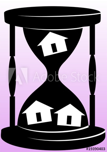 Illustration of silhouette of hourglass and houses inside