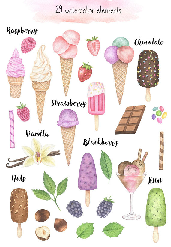 Ice Cream Watercolor Clipart, Popsicles Clipart, Dessert