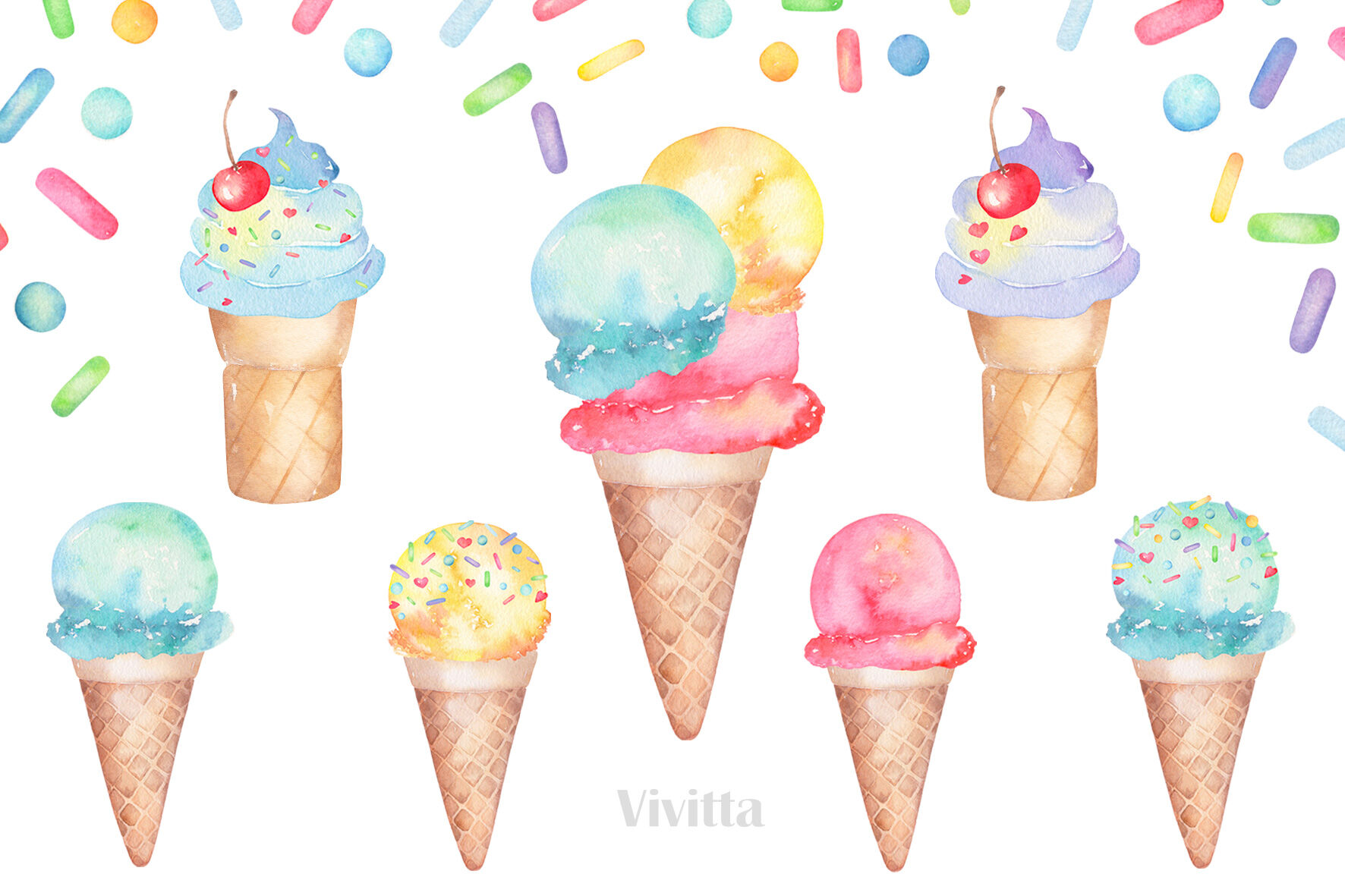 Ice cream watercolor collection, clip art By Vivitta