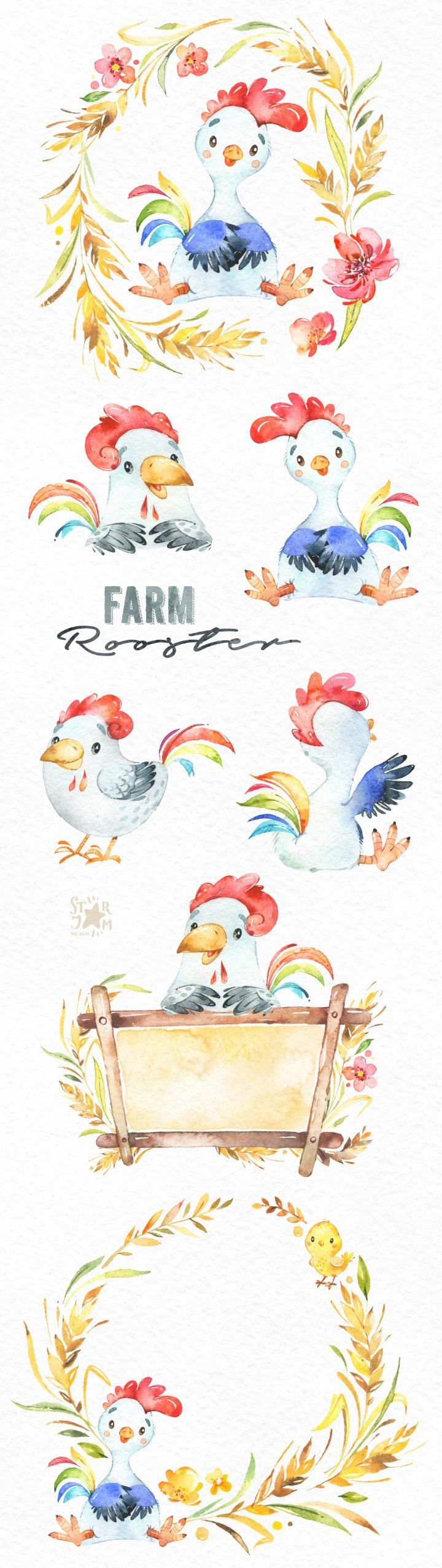 Farm rooster watercolor.