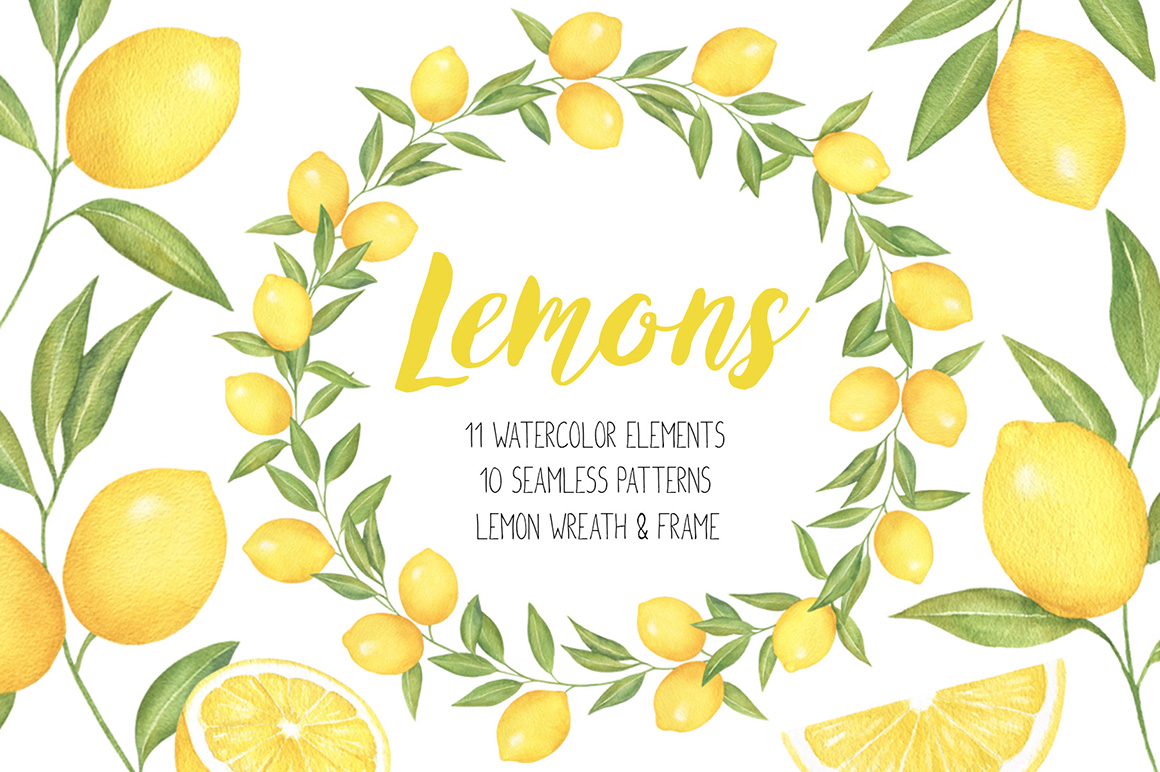 Lemon and Citrus Watercolor Clipart, Lemon wreath