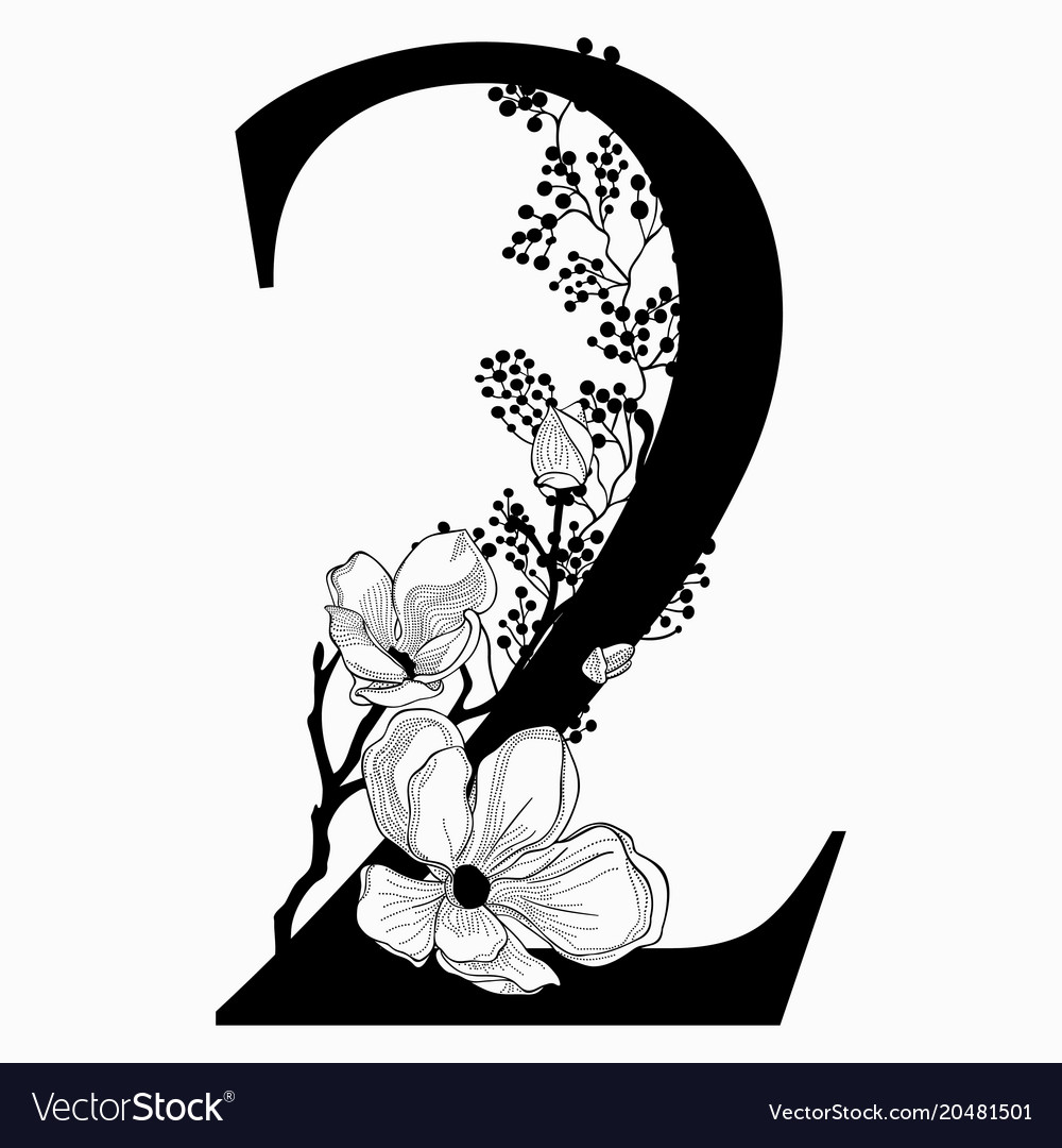 Hand drawn floral number two monogram and