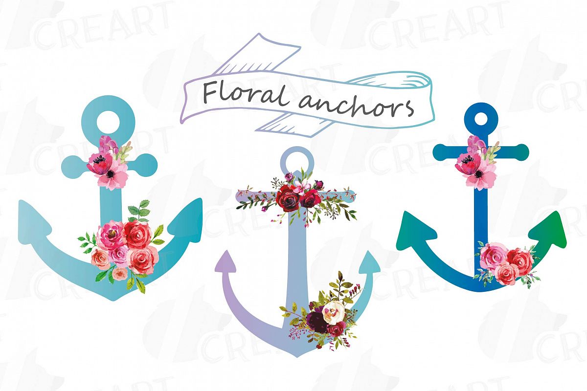 Colorful Floral Anchor clip art collection, watercolor flora