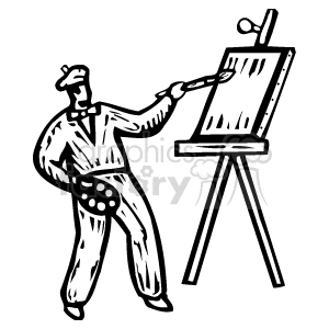 Black and White Artist Painting a Work of Art on a Canvas clipart
