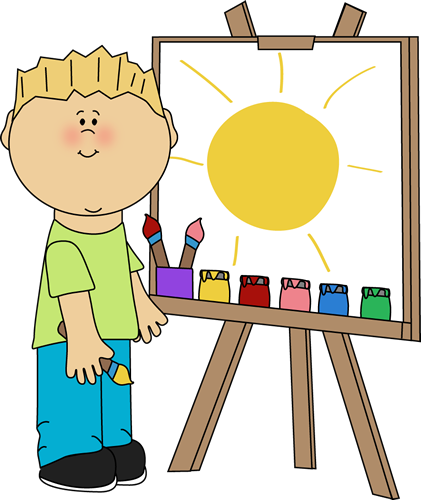Boy painting easel.