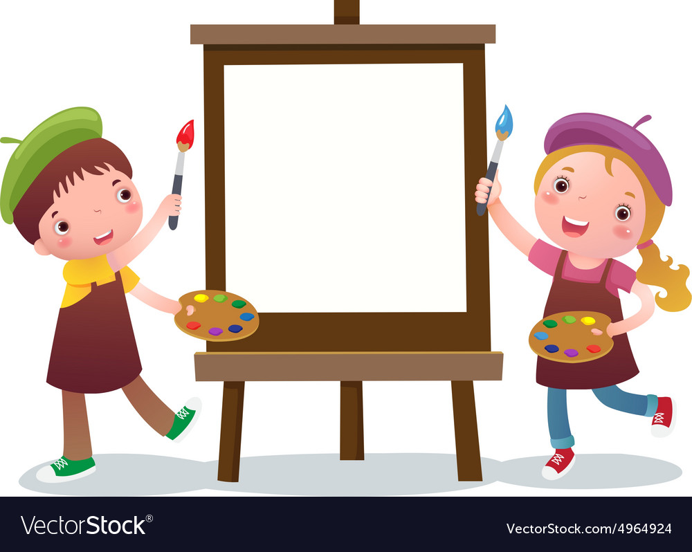 Cartoon kids with painting canvas