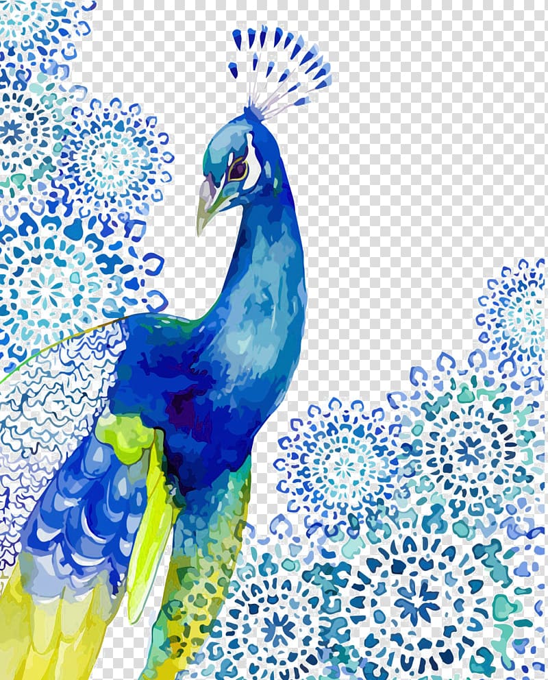Blue and green peacock illustration, Watercolor painting