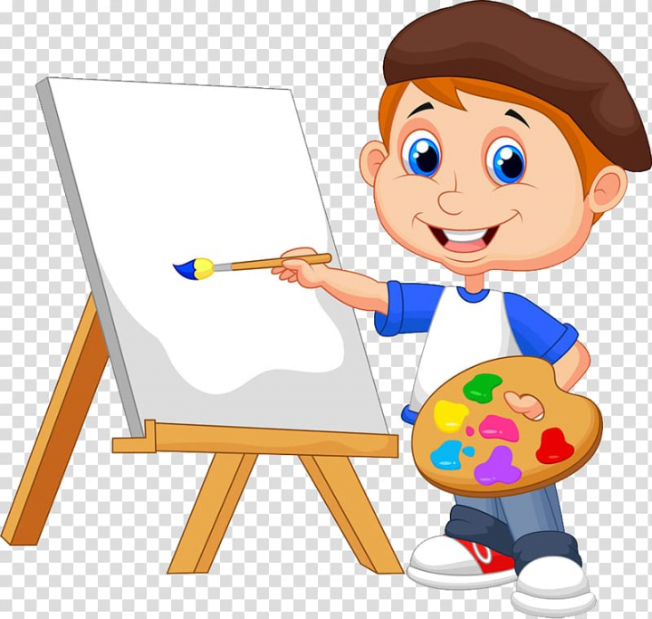 Boy standing beside easel holding paintbrush , Painting