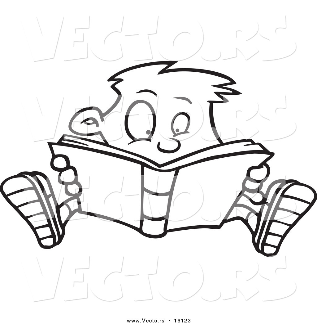 Vector of a Cartoon Enthralled Boy Reading a Book