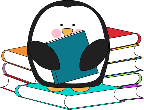 Penguin surrounded books.