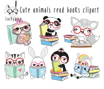 Cute animals read book clipart instant download PNG file