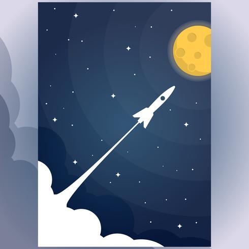 Flying Rocket In The Star To The Full Moon Flat Design