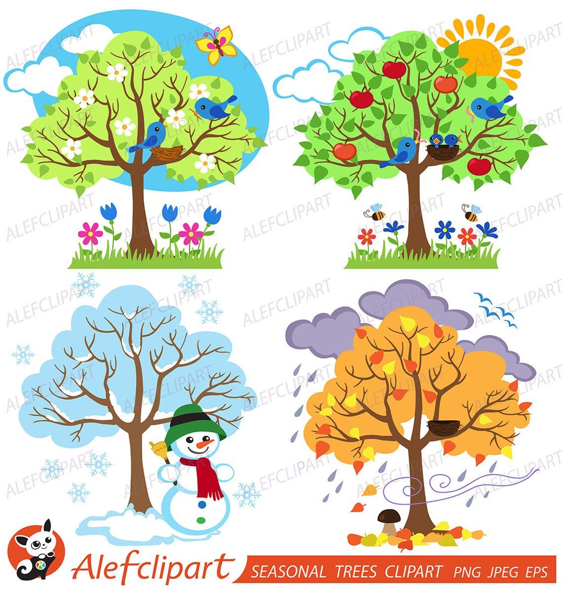 Four Seasons Trees Clipart Seasonal Trees and Birds Clipart