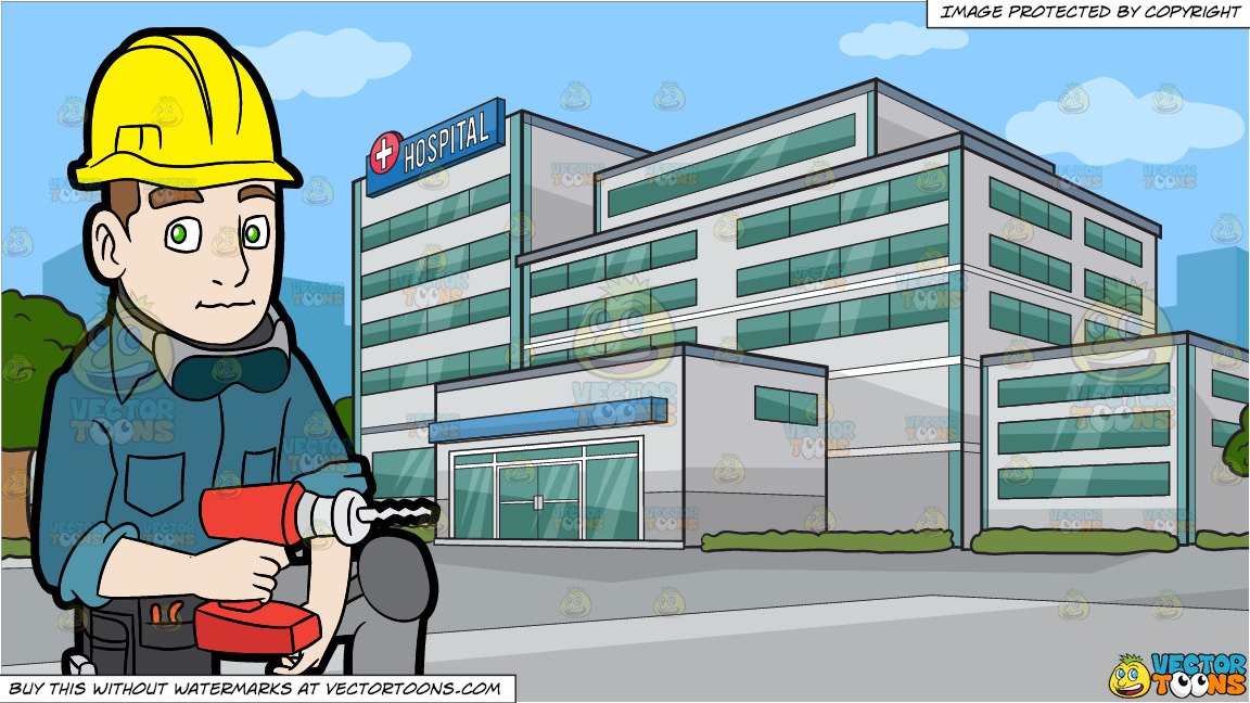 A Construction Worker With A Wireless Drill and A New Hospital Building  Background