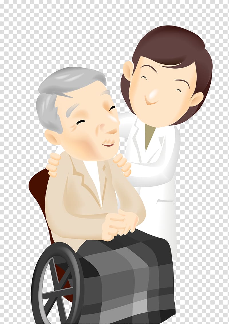 Smiling man sitting on wheelchair beside woman illustration