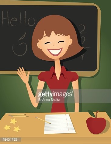 Smiling Teacher in a Classroom, Retro Style Clipart Image