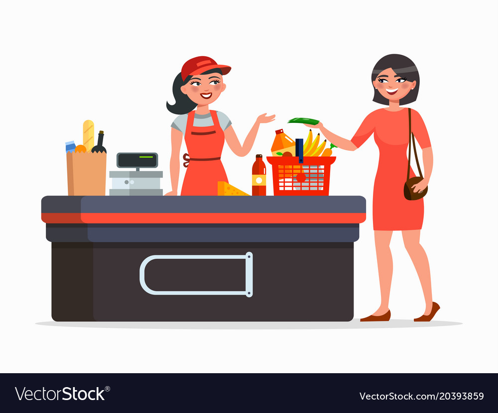 Cashier and buyer at the supermarket flat
