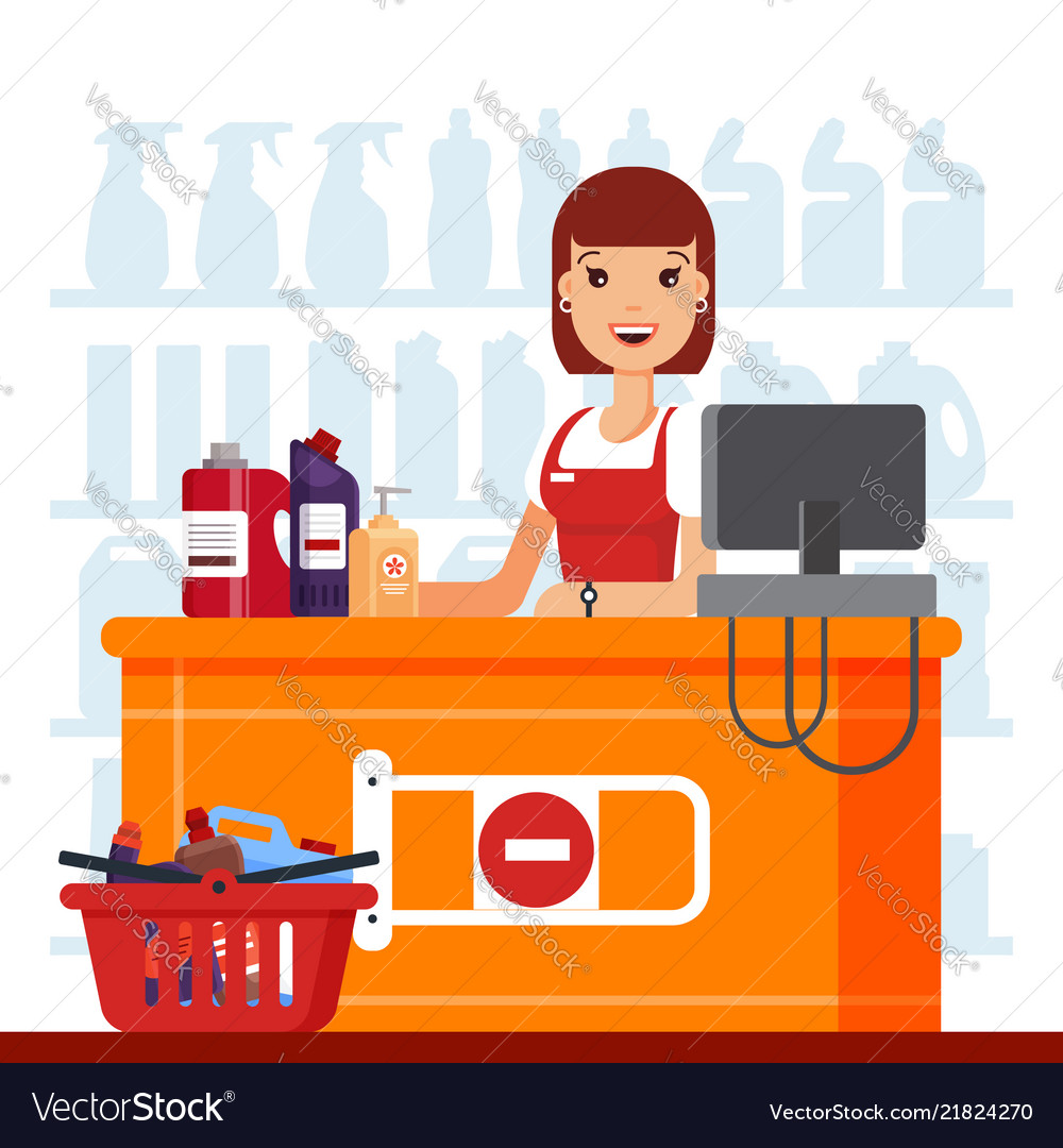 Woman cashier in supermarket with household