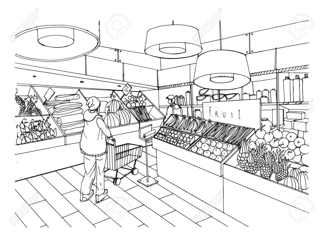 Supermarket interior in hand drawn style