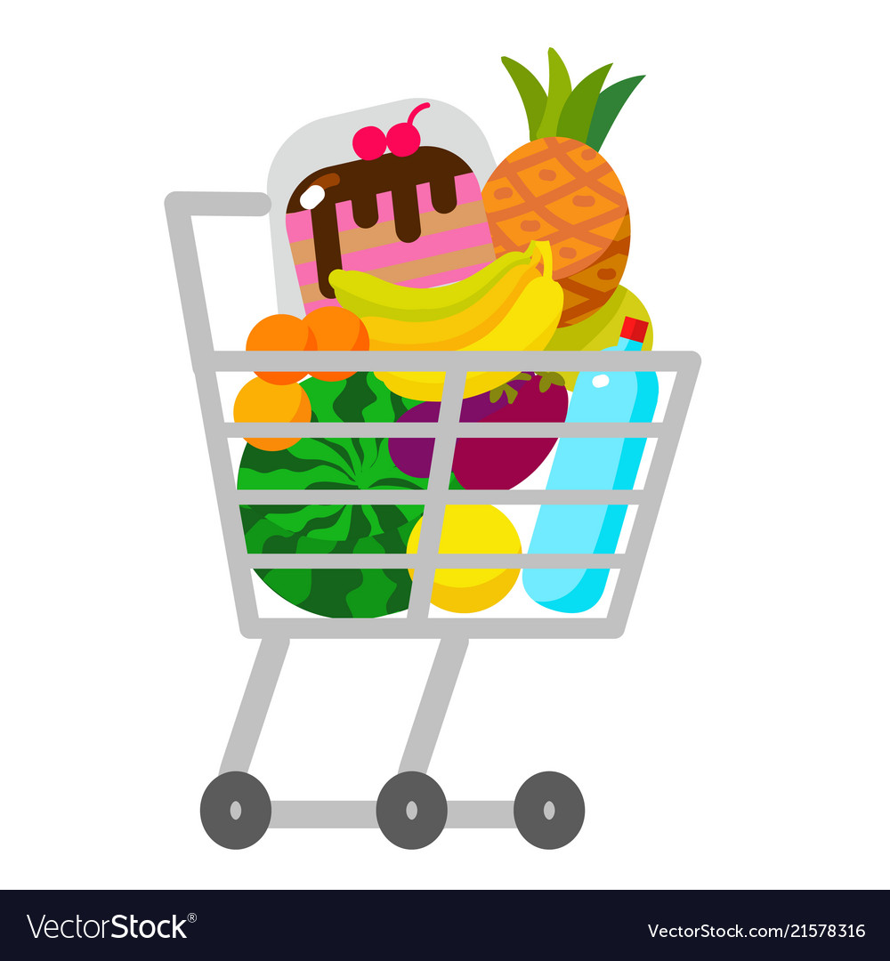 Full supermarket shopping trolley cart with