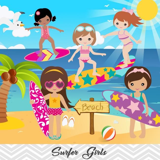 Surfing Girl Digital Clip Art, Summer Beach Party Clipart