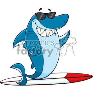Clipart Smiling Blue Shark Cartoon With Sunglasses Surfing And Waving  Vector With Background clipart