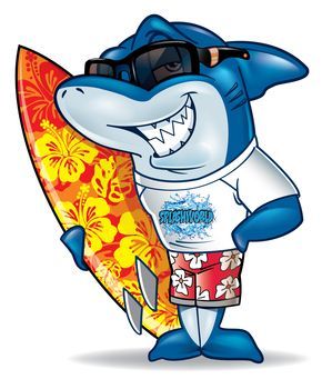 Surfing shark mascot.