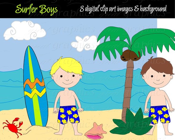 Surfer Boy, Digital Clip Art, Surfboard, Digital Clipart