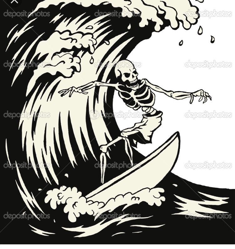 Surf skeleton tattoo.