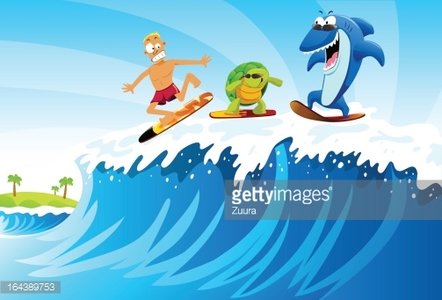 Surfing against Shark and Turtle Clipart Image