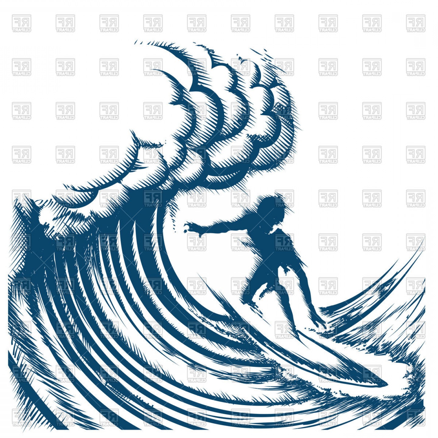 Surfer Riding A Big Wave Engraving Style Surf Riding Image