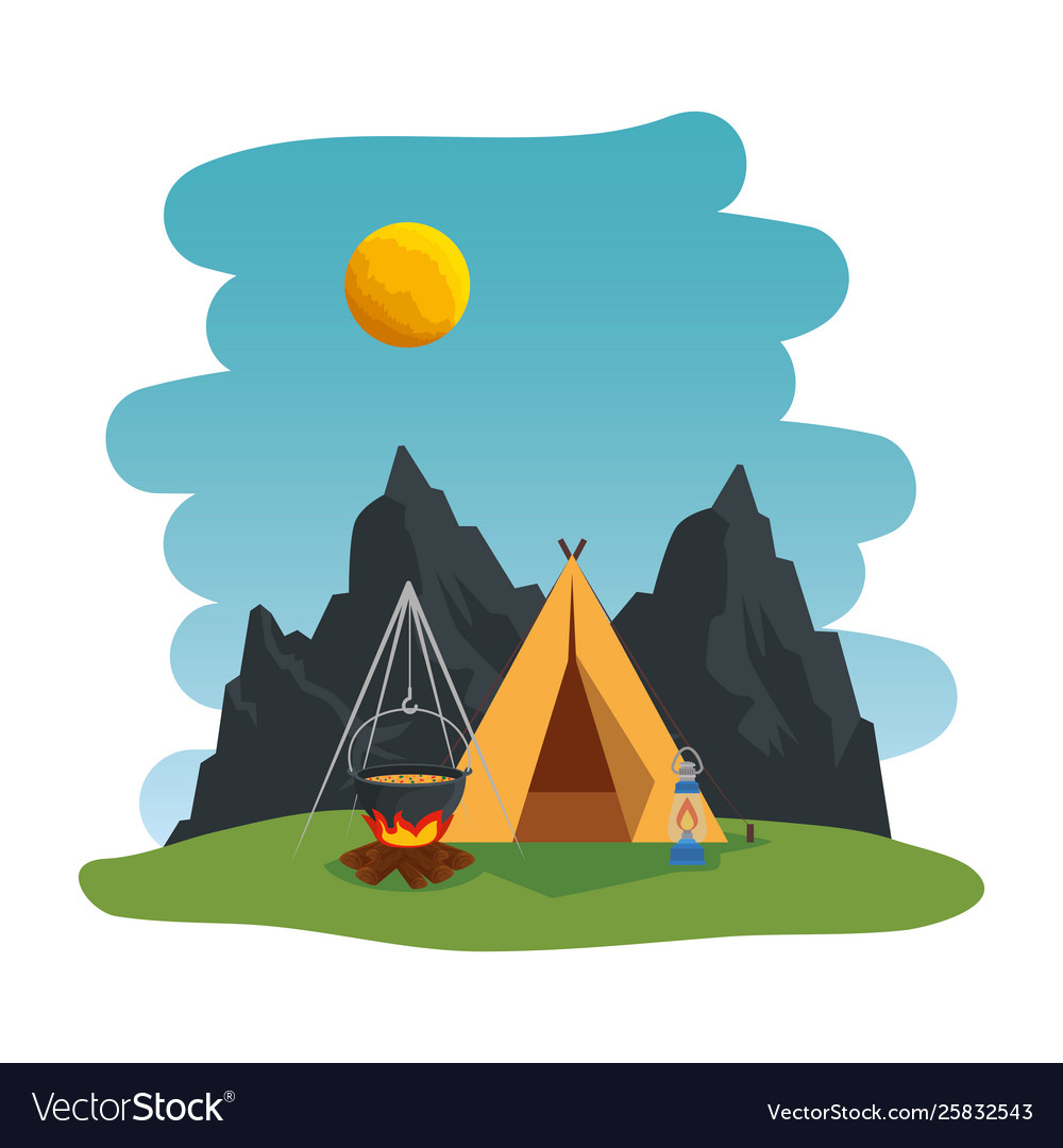 Camping zone with camping tent and campfire scene