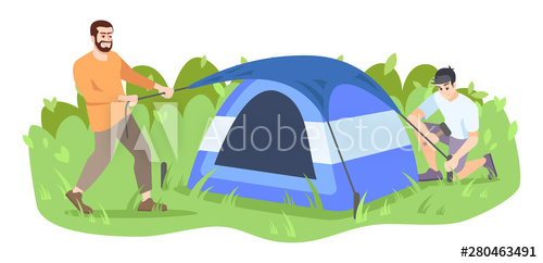 Men setting up camp flat vector illustration