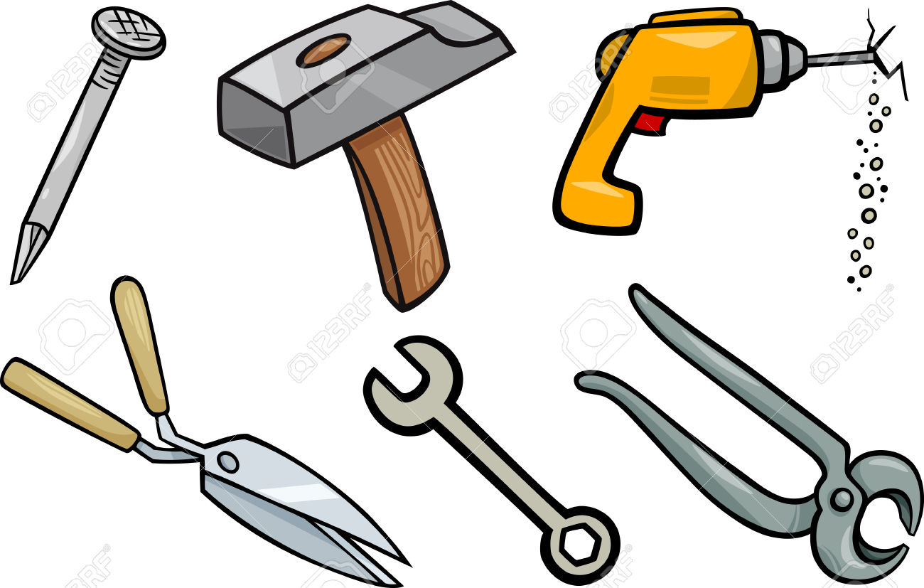 Tools objects cartoon illustration set